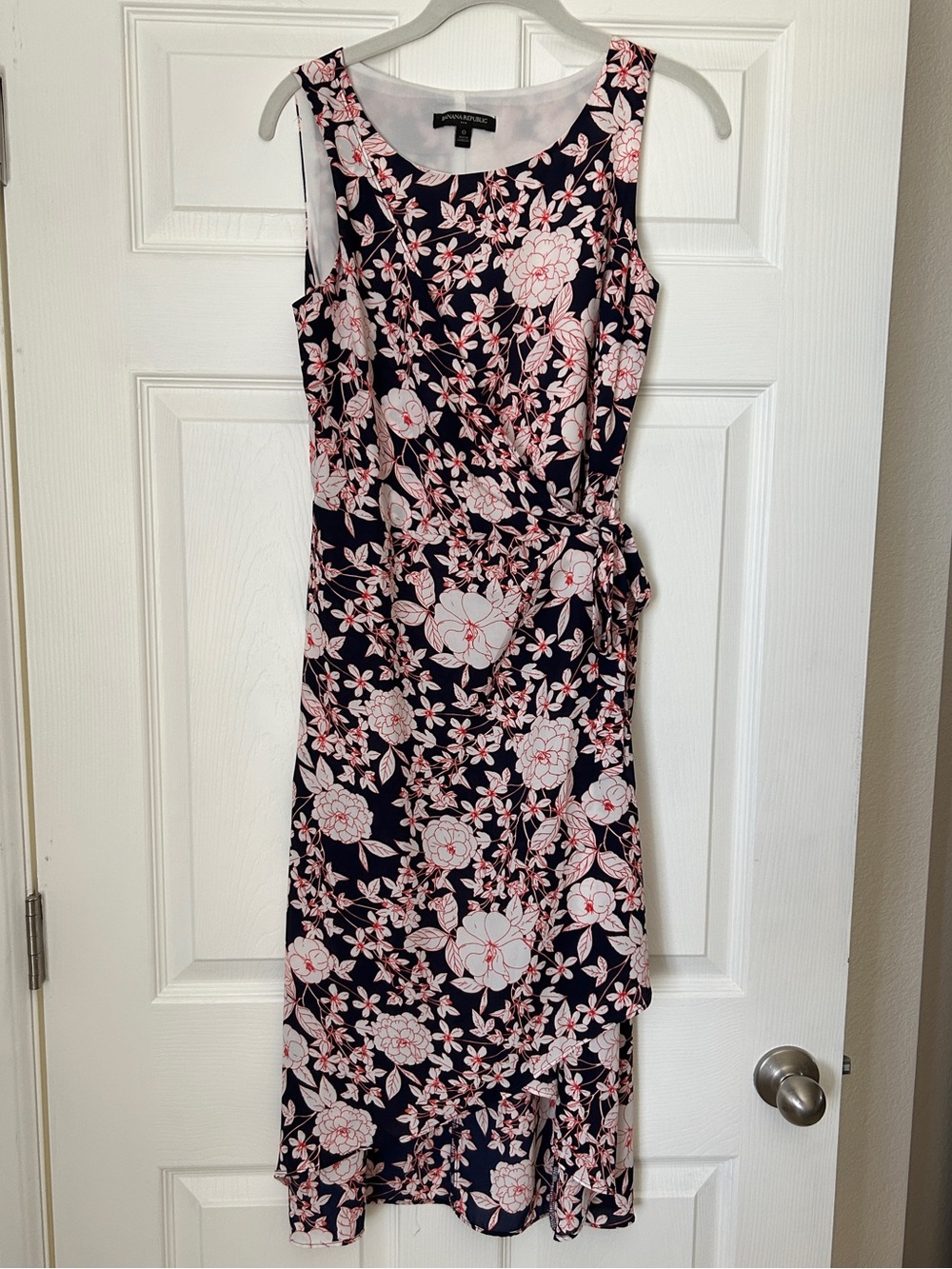 Banana Republic Factory Navy and Pink Floral Wrap-Style Midi Dress